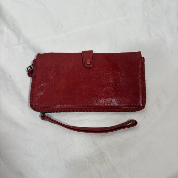 Red Genuine Leather Wristlet Wallet Clutch with Zipper & Snap Closure Small Bag - Picture 1 of 4